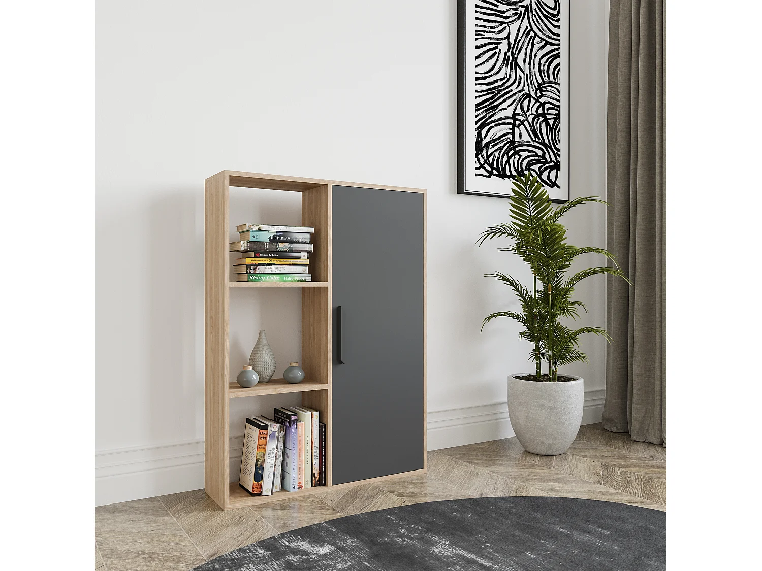 Patrick Bibliothèque 3 Etagères Ouverte et Armoire | Design Minimalist (Chêne et Anthracite)