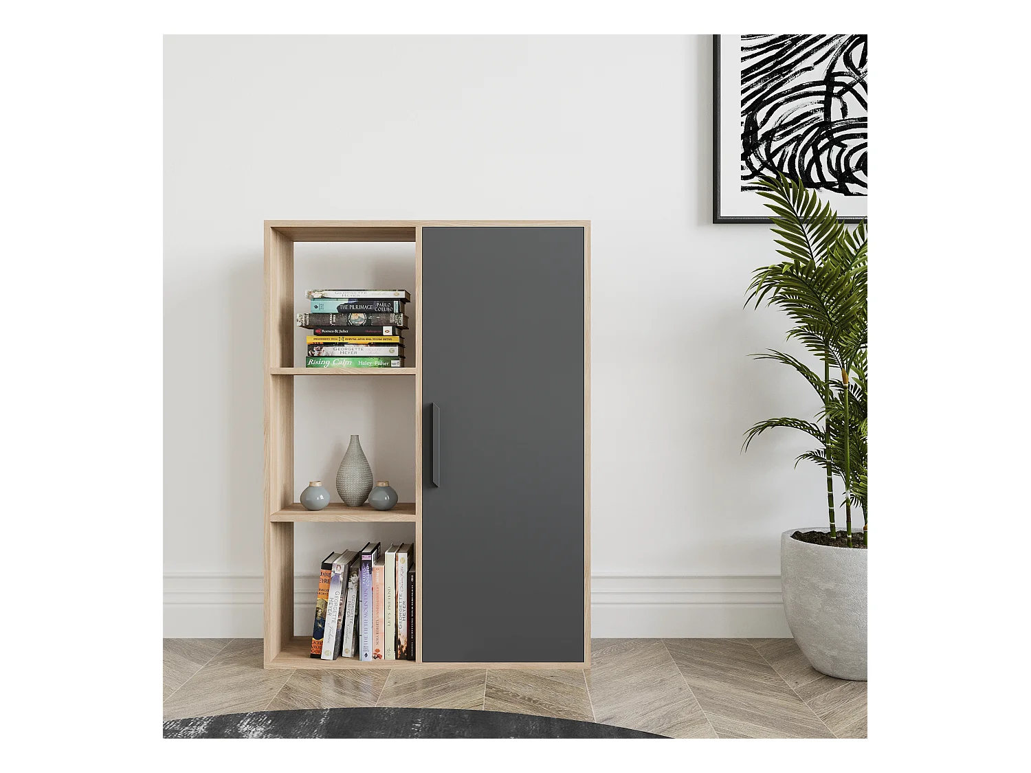 Patrick Bibliothèque 3 Etagères Ouverte et Armoire | Design Minimalist (Chêne et Anthracite)