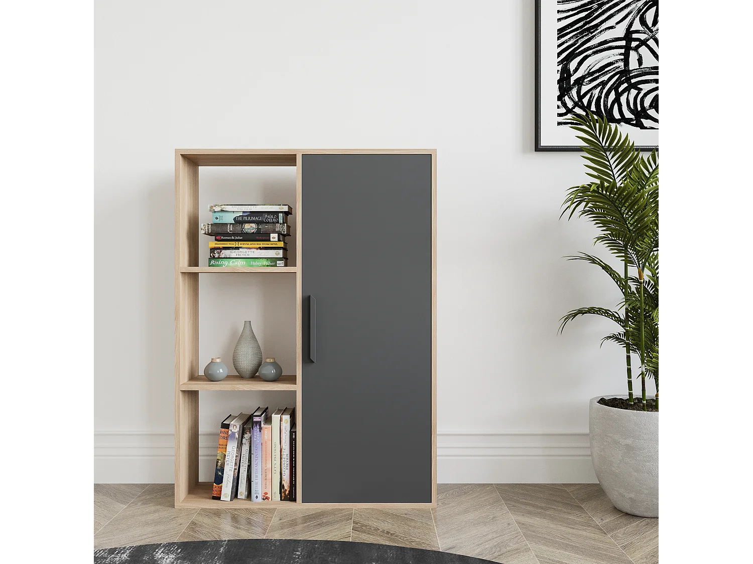 Patrick Bibliothèque 3 Etagères Ouverte et Armoire | Design Minimalist (Chêne et Anthracite)