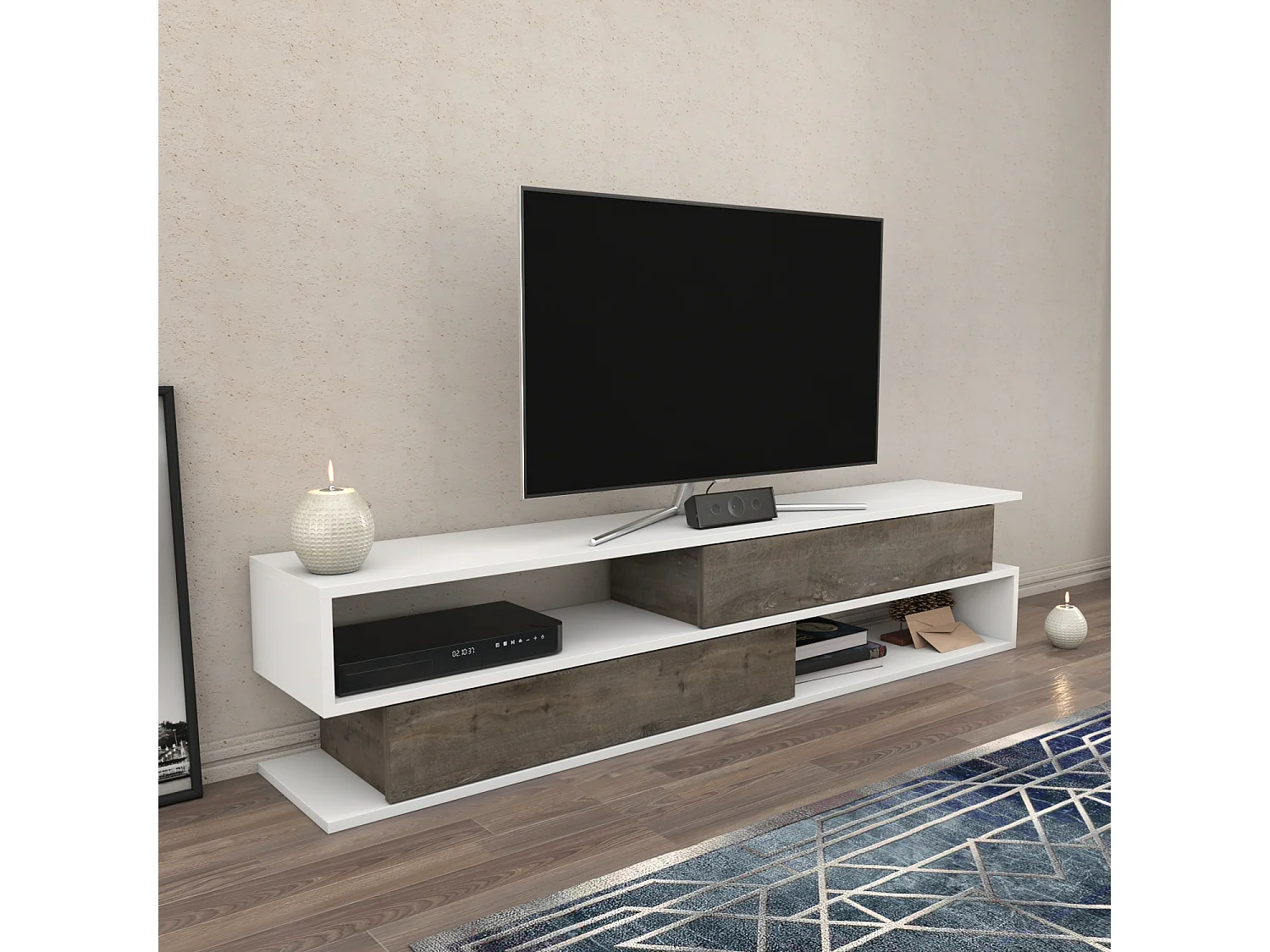 Meuble TV Cortez De 160 Cm Avec 2 Armoires Et 2 Niches (Blanc)