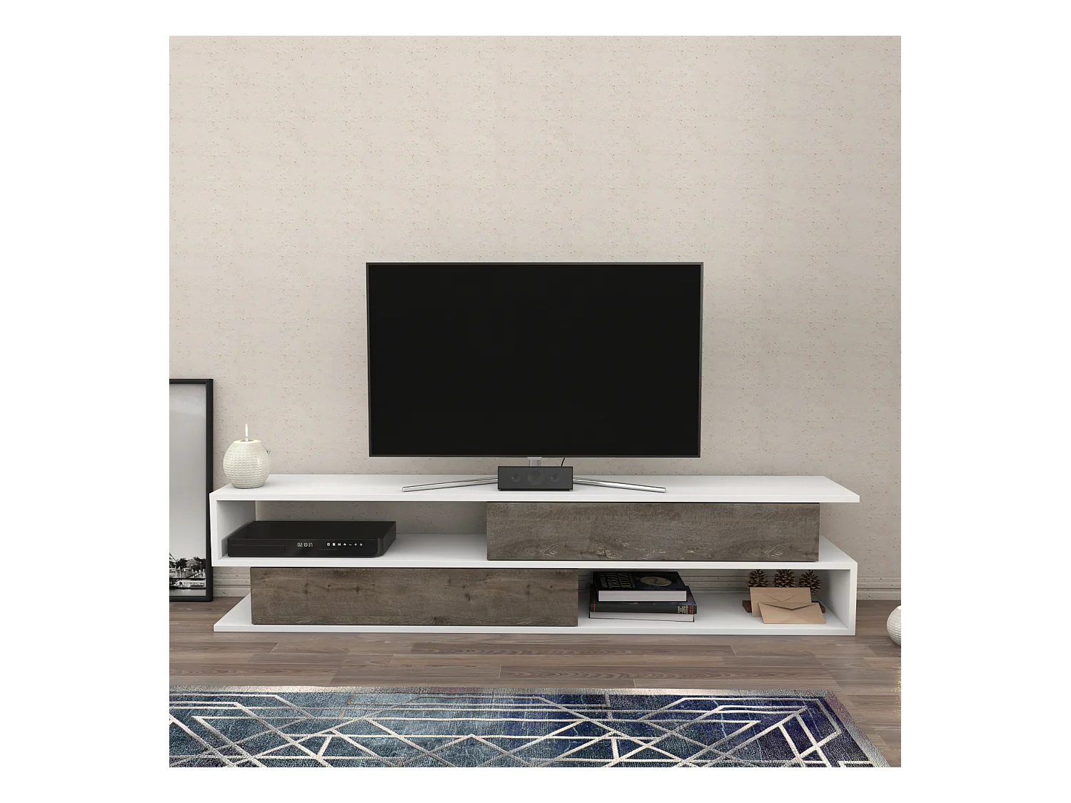 Meuble TV Cortez De 160 Cm Avec 2 Armoires Et 2 Niches (Blanc)