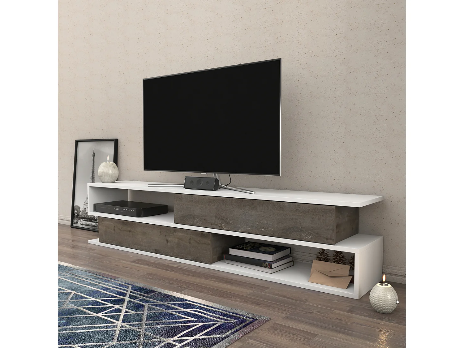 Meuble TV Cortez De 160 Cm Avec 2 Armoires Et 2 Niches (Blanc)
