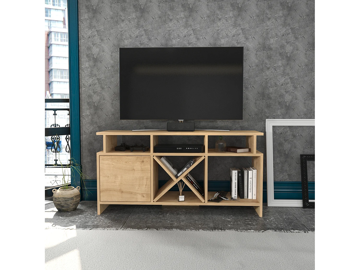 Auburn TV Meuble TV 120 cm Pour les TVs 55" | Niches et Armoire (Chêne)