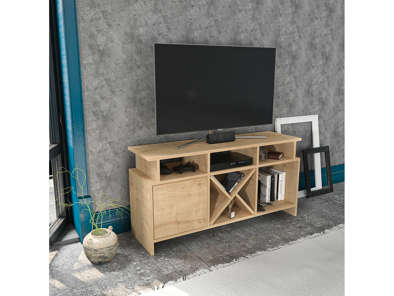 Auburn TV Meuble TV 120 cm Pour les TVs 55" | Niches et Armoire (Chêne)