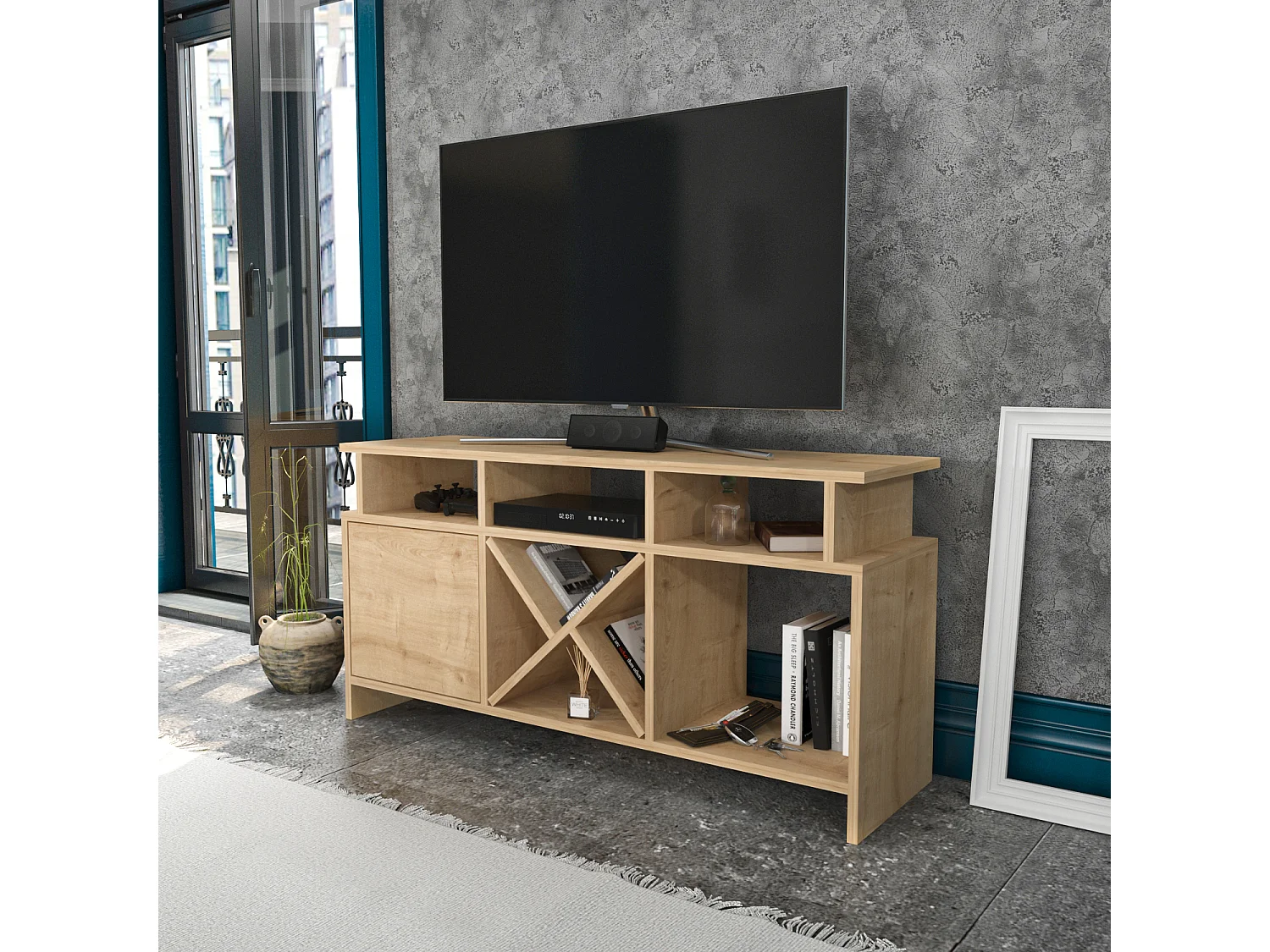 Auburn TV Meuble TV 120 cm Pour les TVs 55" | Niches et Armoire (Chêne)