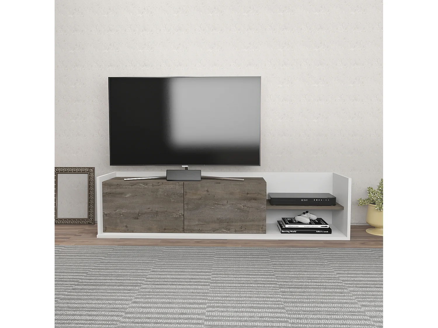 Krog 160 cm Meuble TV | Étagères ouvertes et Armoires battantes (Blanc et Wenge)