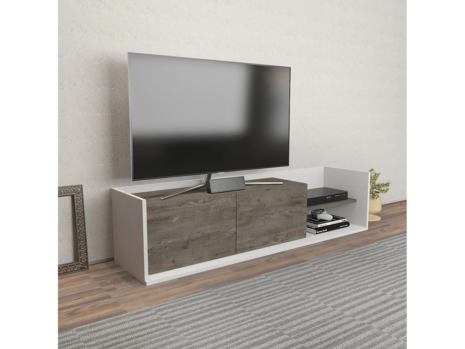 Krog 160 cm Meuble TV | Étagères ouvertes et Armoires battantes (Blanc et Wenge)