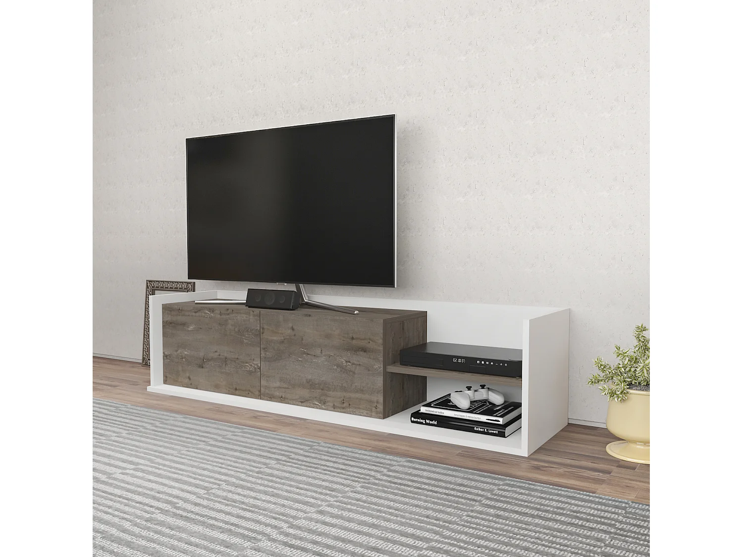 Krog 160 cm Meuble TV | Étagères ouvertes et Armoires battantes (Blanc et Wenge)