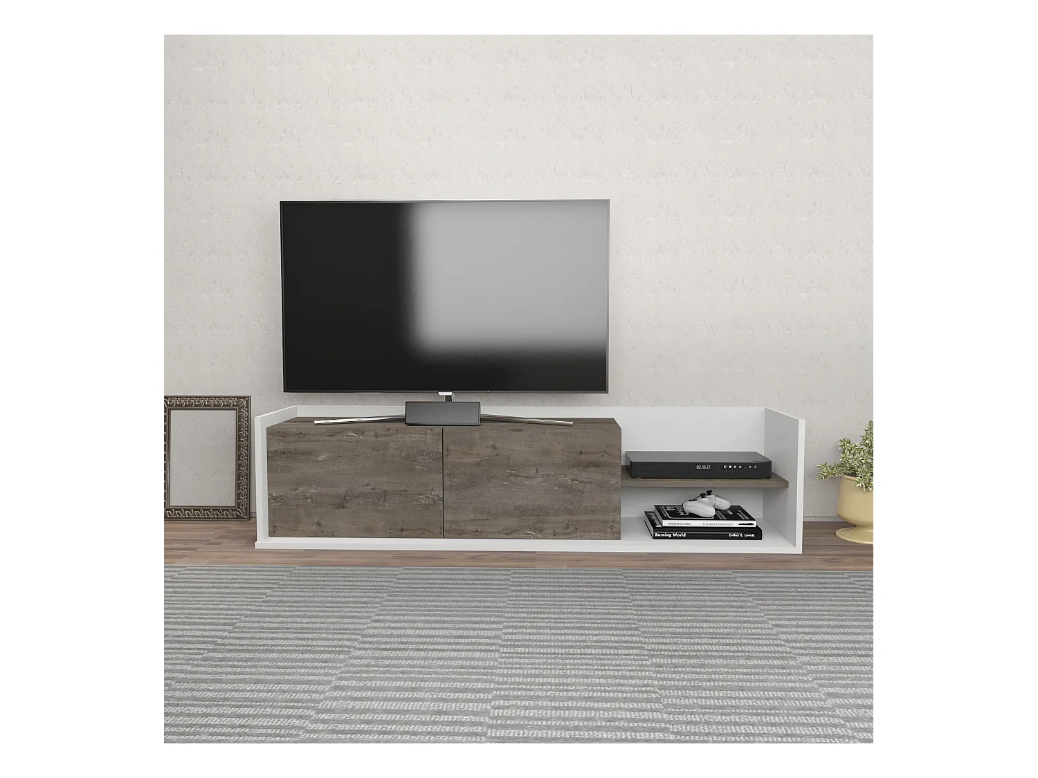 Krog 160 cm Meuble TV | Étagères ouvertes et Armoires battantes (Blanc et Wenge)