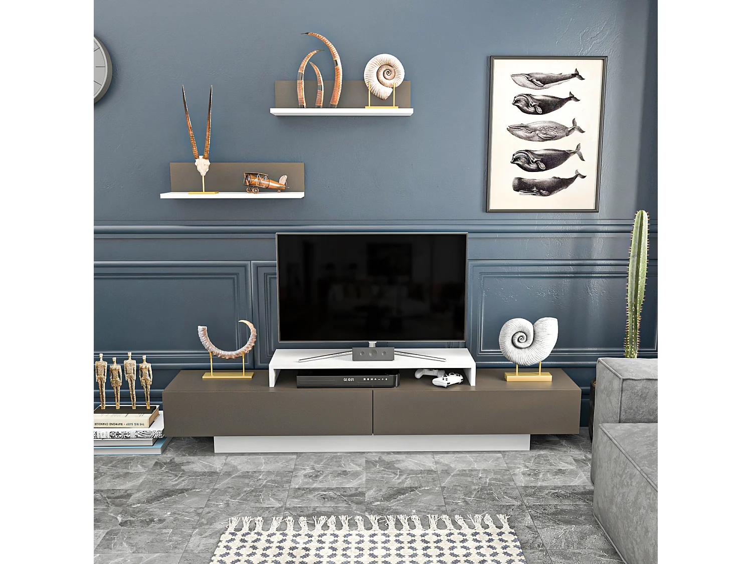 Lusi Meuble TV 180 cm Étagères Murales Incluses | Armoires Battantes (Blanc et Café Galaxy)