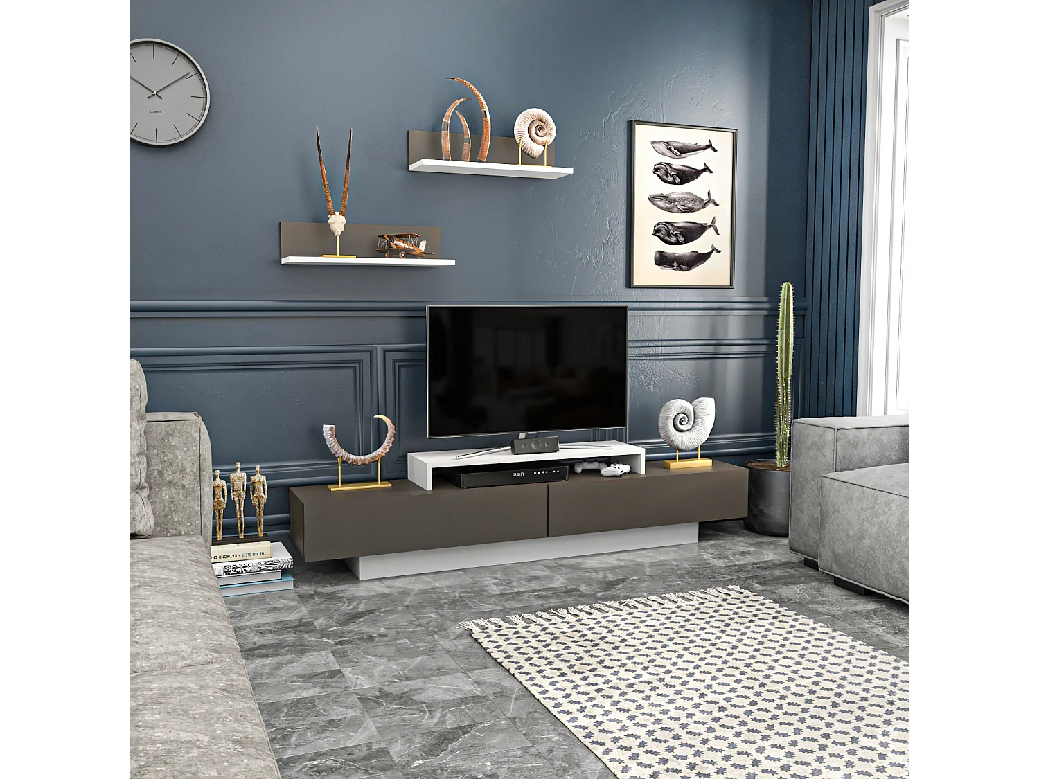 Lusi Meuble TV 180 cm Étagères Murales Incluses | Armoires Battantes (Blanc et Café Galaxy)