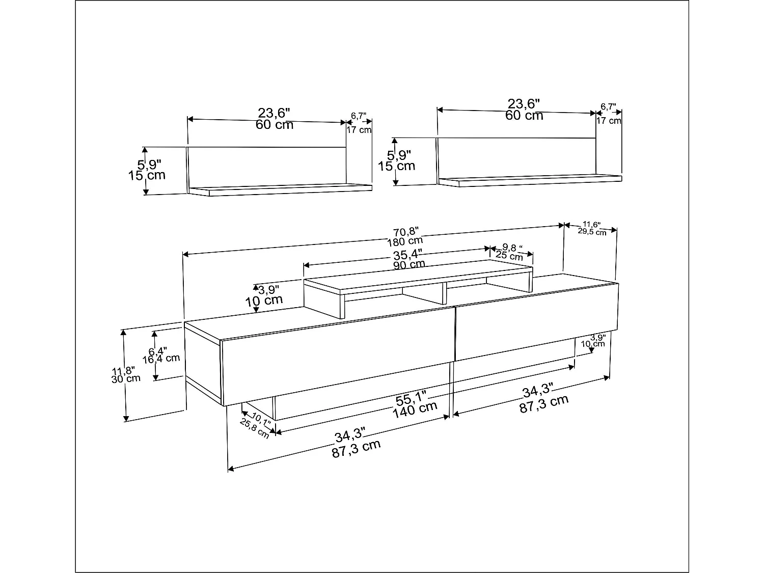 Lusi Meuble TV 180 cm Étagères Murales Incluses | Armoires Battantes (Blanc et Café Galaxy)