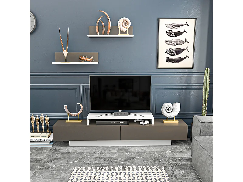 Lusi Meuble TV 180 cm Étagères Murales Incluses | Armoires Battantes (Blanc et Café Galaxy)