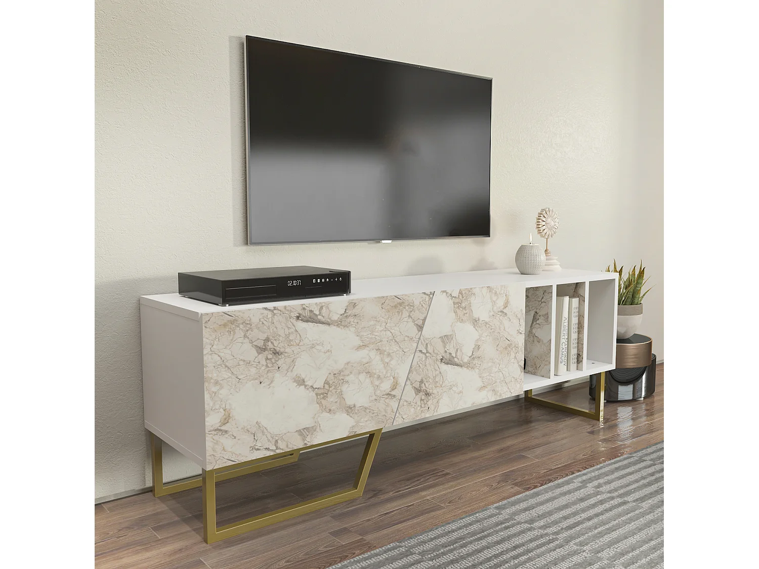 Meuble TV Linossa, niches et armoires, pied en métal (Effet marbre blanc et Doré)