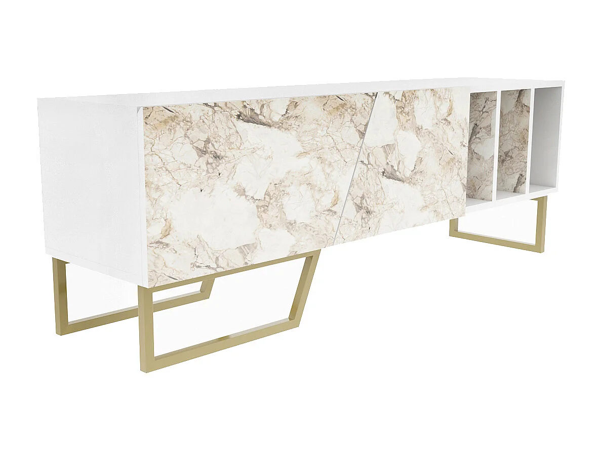 Meuble TV Linossa, niches et armoires, pied en métal (Effet marbre blanc et Doré)