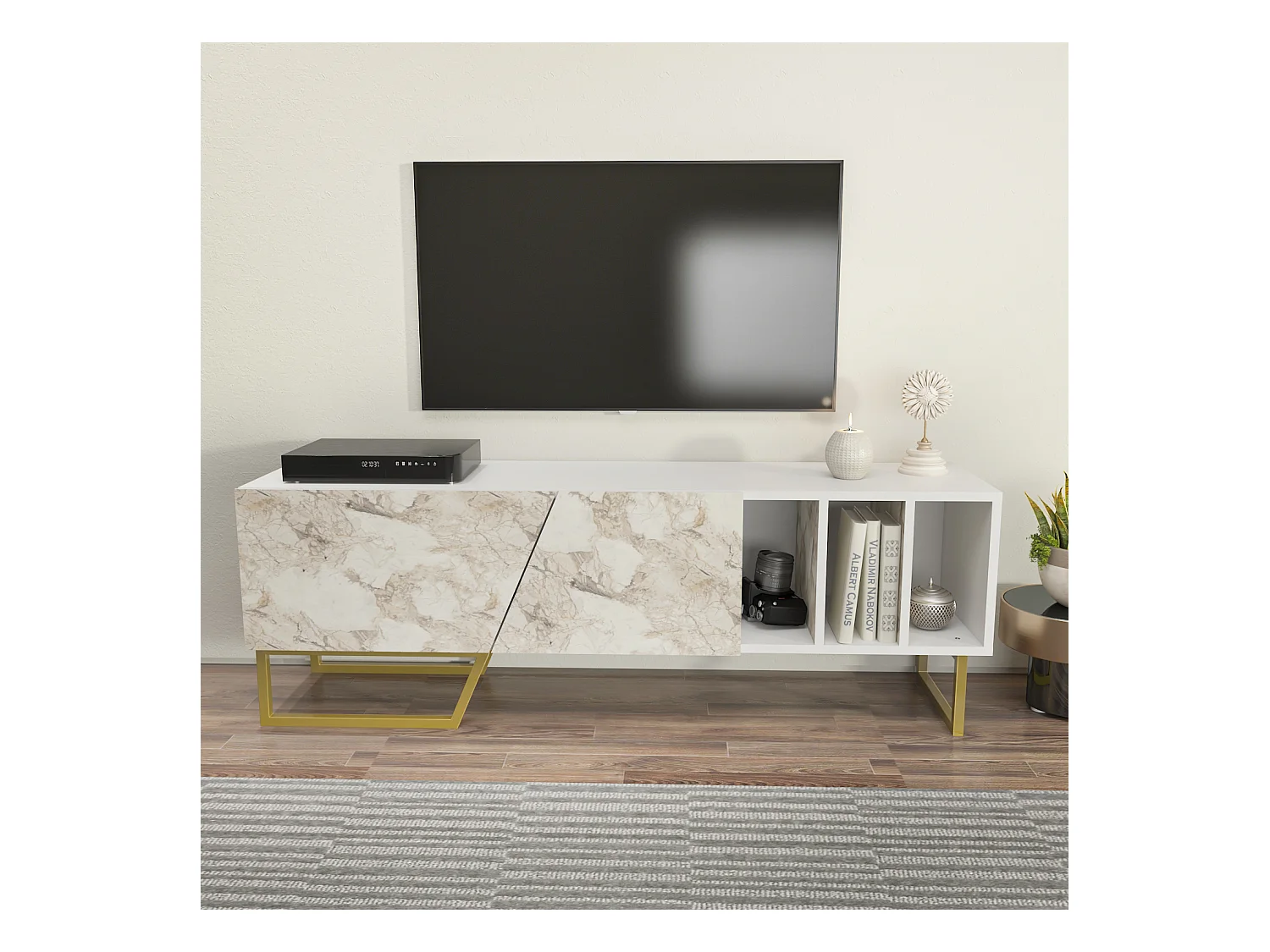 Meuble TV Linossa, niches et armoires, pied en métal (Effet marbre blanc et Doré)