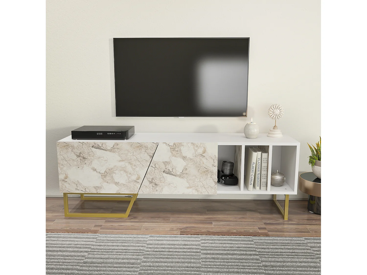 Meuble TV Linossa, niches et armoires, pied en métal (Effet marbre blanc et Doré)