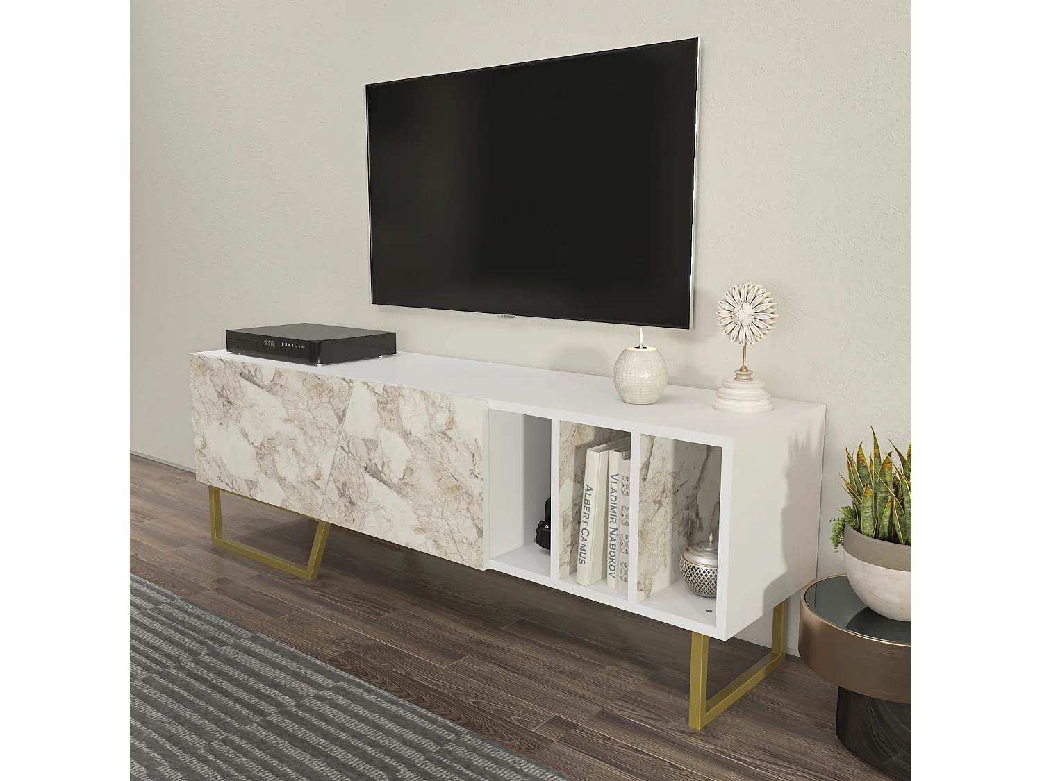 Meuble TV Linossa, niches et armoires, pied en métal (Effet marbre blanc et Doré)