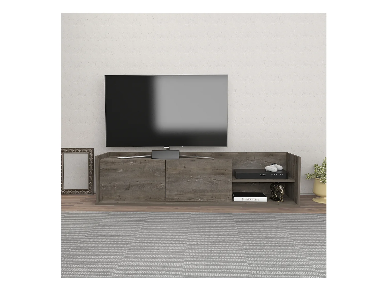 Krog 160 cm Meuble TV | Étagères ouvertes et Armoires battantes (Wenge)