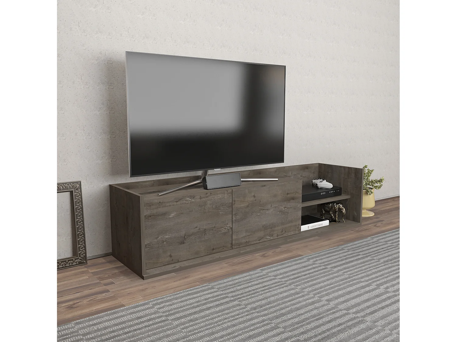 Krog 160 cm Meuble TV | Étagères ouvertes et Armoires battantes (Wenge)