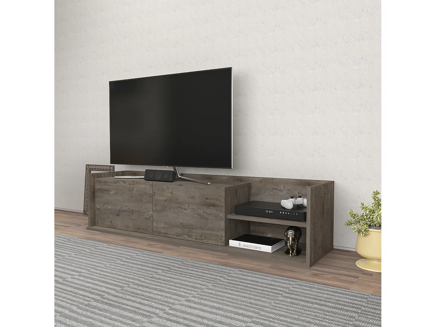 Krog 160 cm Meuble TV | Étagères ouvertes et Armoires battantes (Wenge)