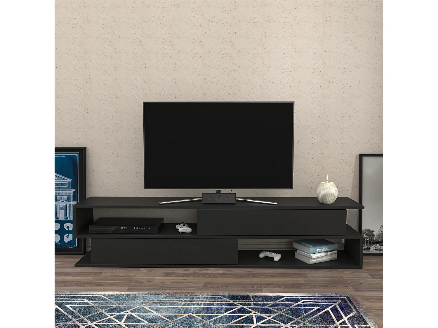 Meuble TV Cortez De 160 Cm Avec 2 Armoires Et 2 Niches (Anthracite)