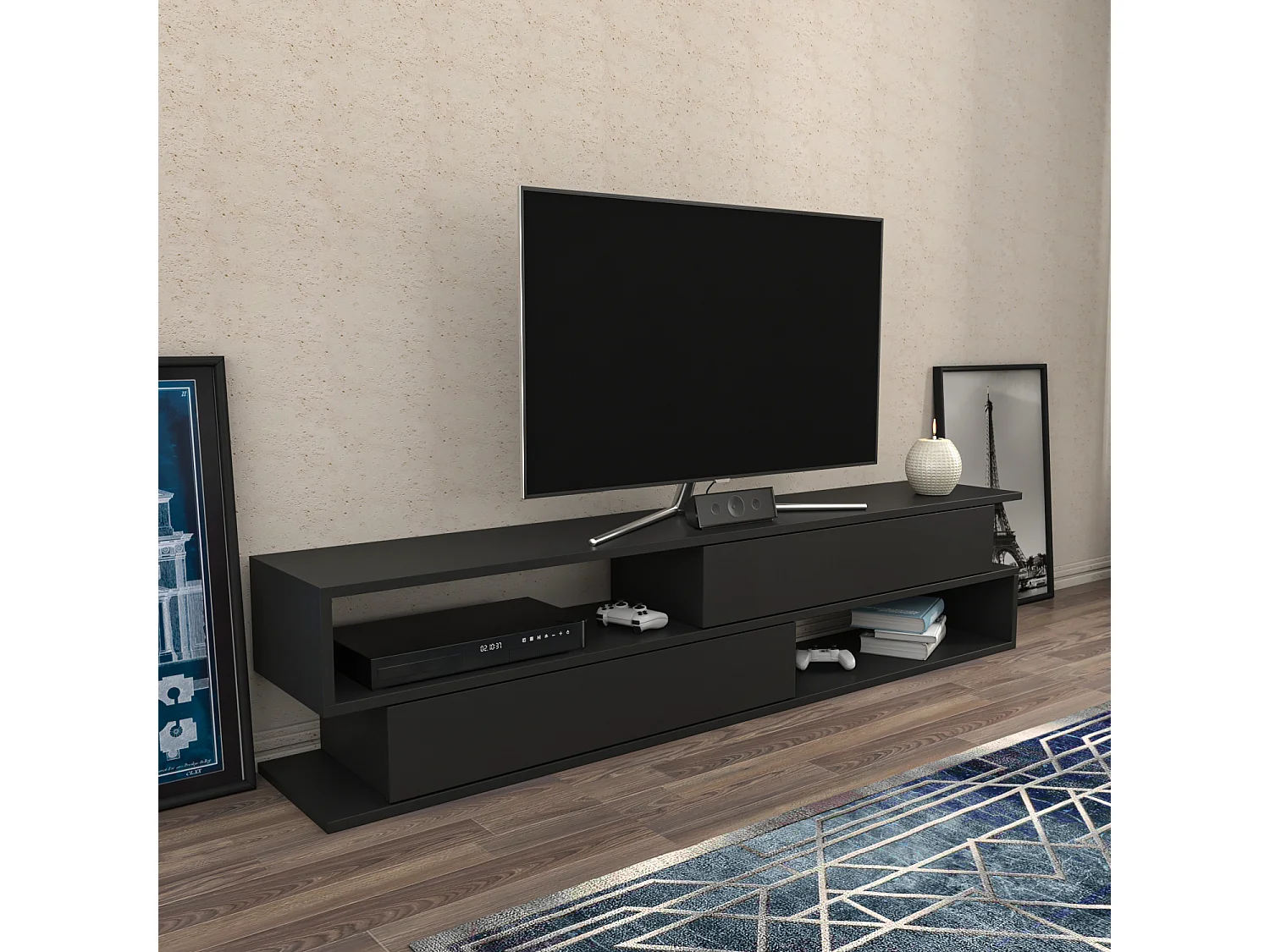 Meuble TV Cortez De 160 Cm Avec 2 Armoires Et 2 Niches (Anthracite)
