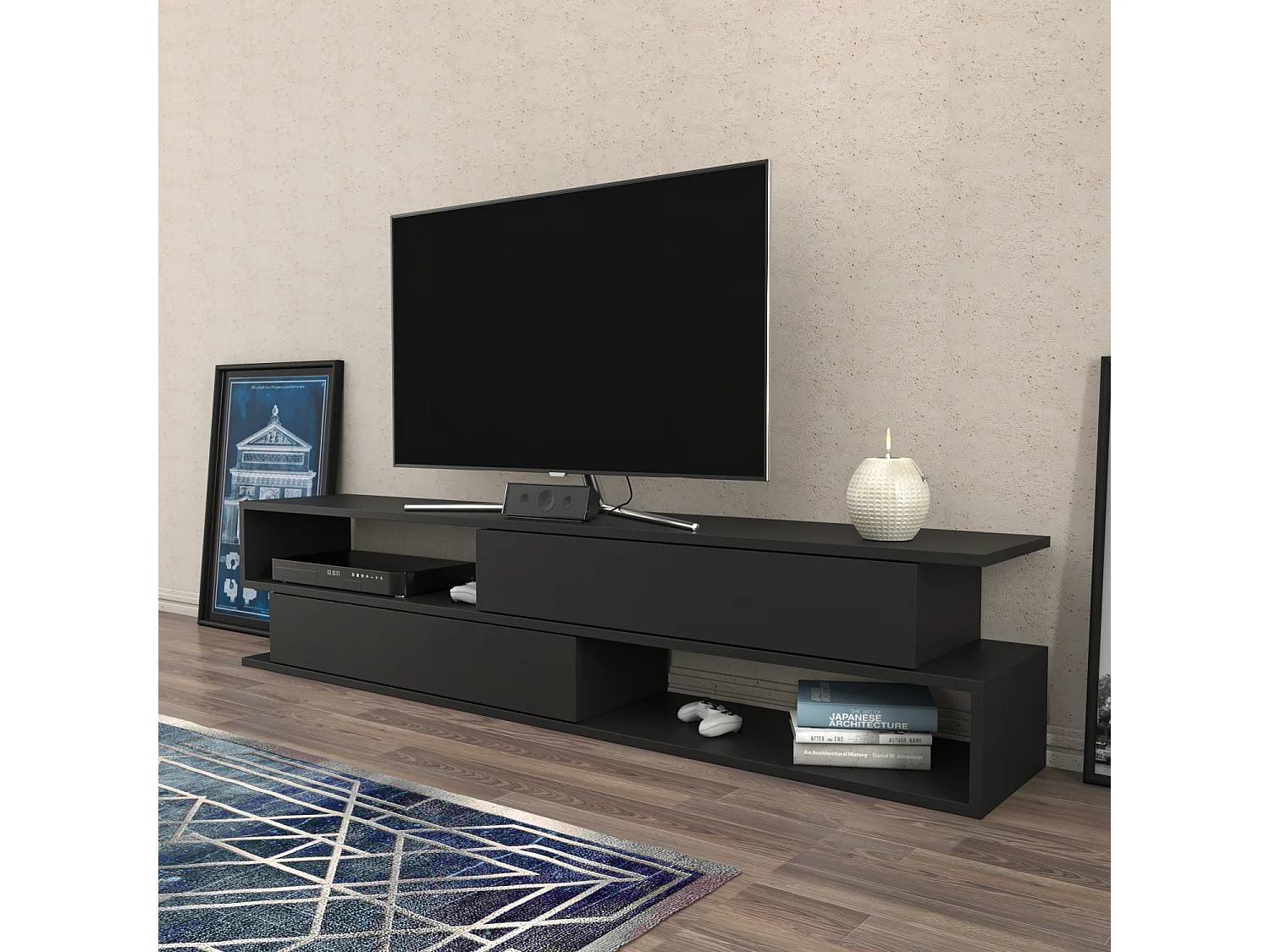 Meuble TV Cortez De 160 Cm Avec 2 Armoires Et 2 Niches (Anthracite)