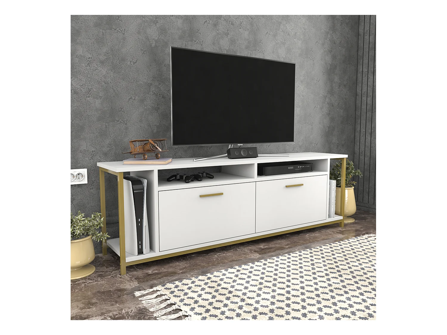 Omar Meuble TV 160 cm pour les TVs 72" Cadre Métallique Armoires et Étagères (Blanc et Doré)