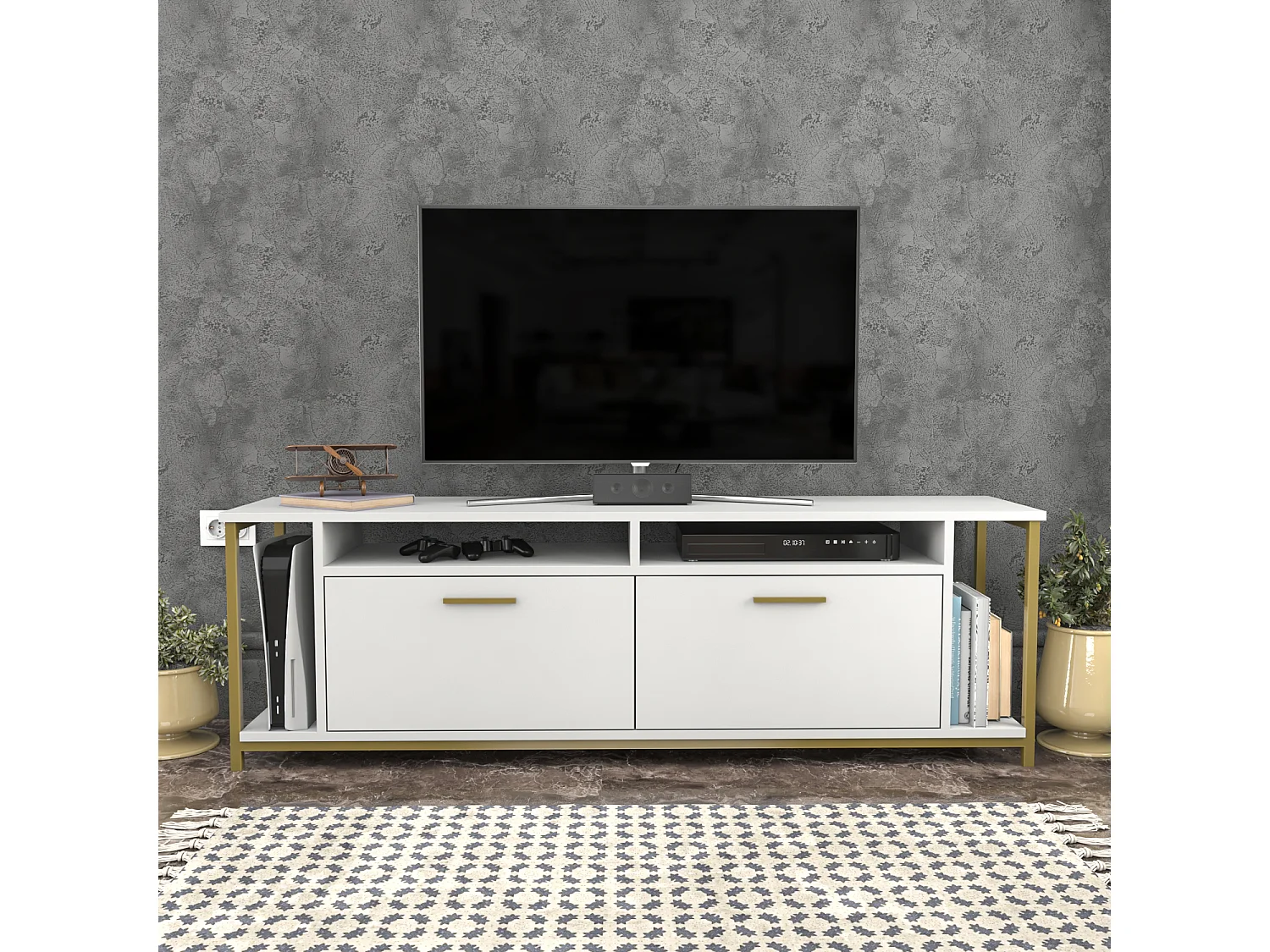 Omar Meuble TV 160 cm pour les TVs 72" Cadre Métallique Armoires et Étagères (Blanc et Doré)