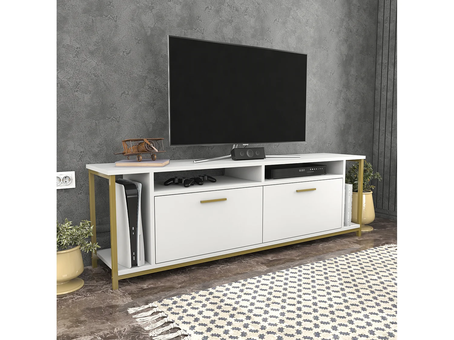 Omar Meuble TV 160 cm pour les TVs 72" Cadre Métallique Armoires et Étagères (Blanc et Doré)