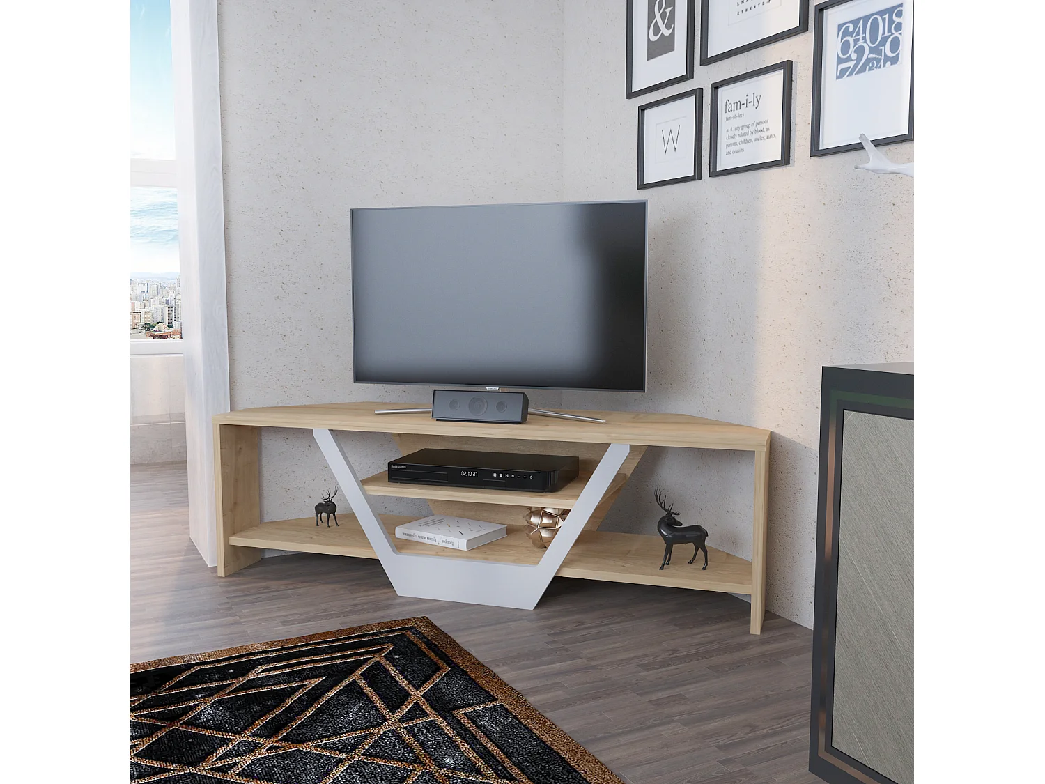 Omar Meuble TV 160 cm pour les TVs 72" Cadre Métallique Armoires et Étagères (Blanc et Doré)