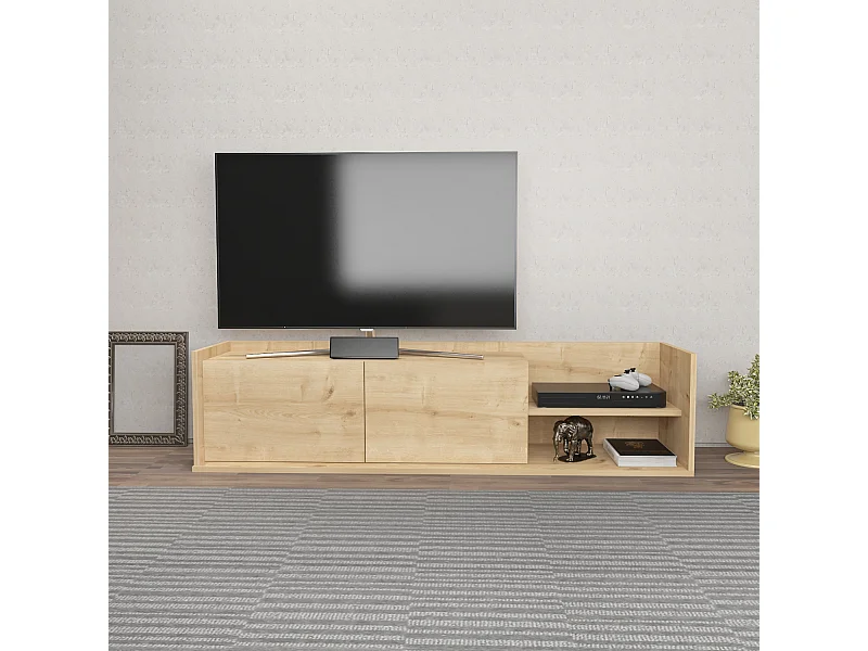 Krog 160 cm Meuble TV | Étagères ouvertes et Armoires battantes (Chêne)