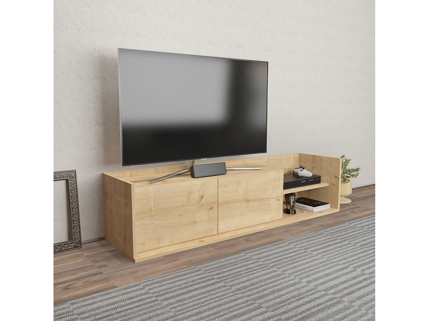 Krog 160 cm Meuble TV | Étagères ouvertes et Armoires battantes (Chêne)