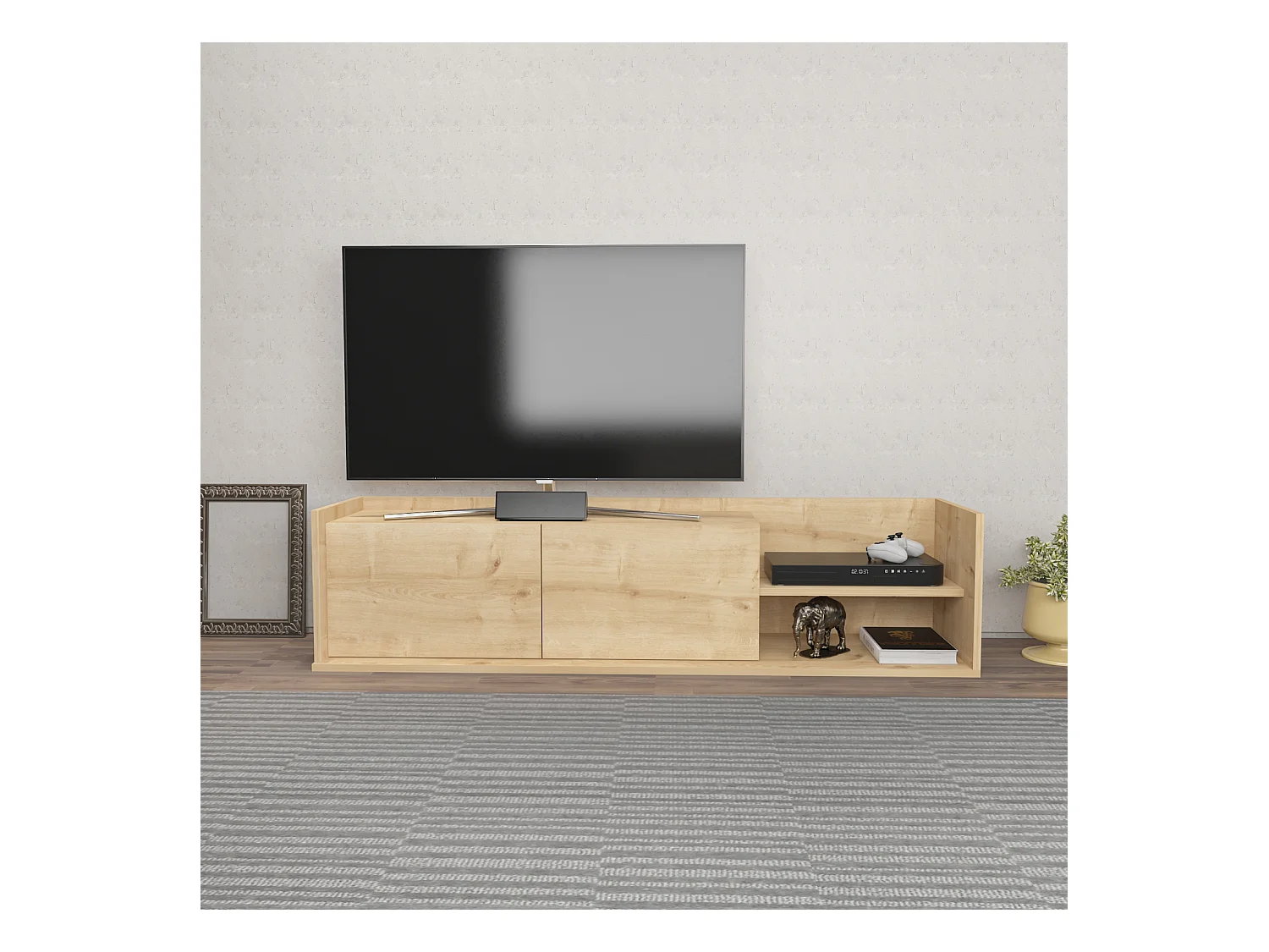 Krog 160 cm Meuble TV | Étagères ouvertes et Armoires battantes (Chêne)