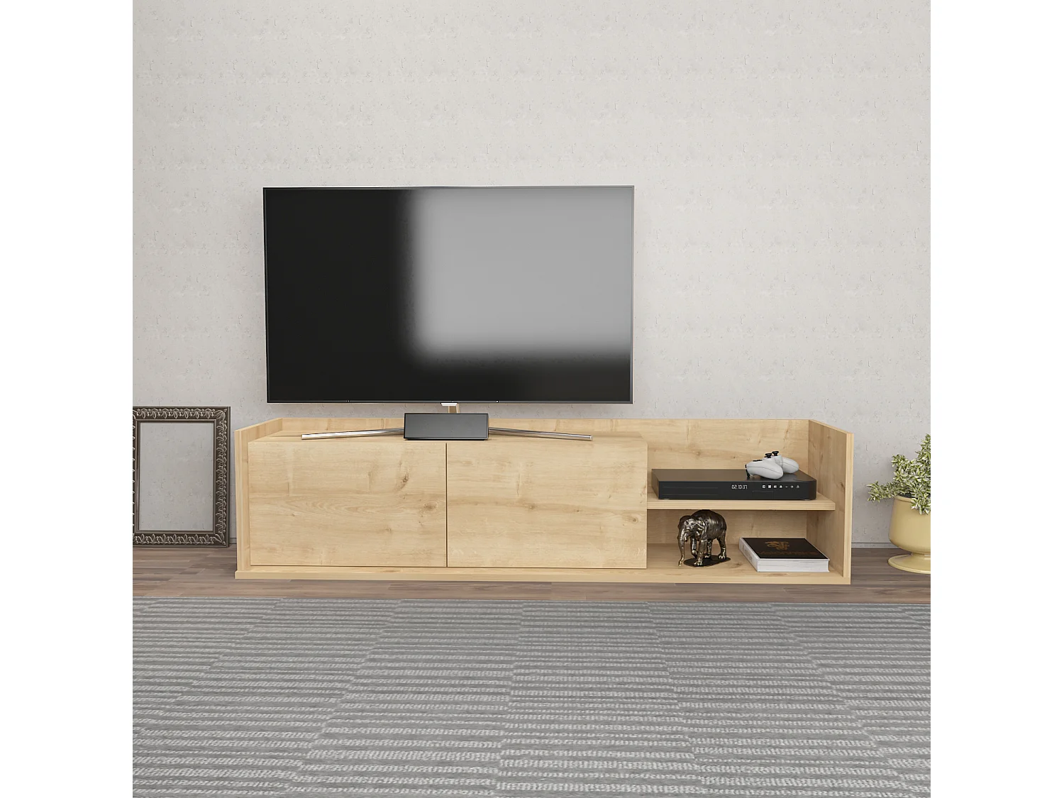 Krog 160 cm Meuble TV | Étagères ouvertes et Armoires battantes (Chêne)