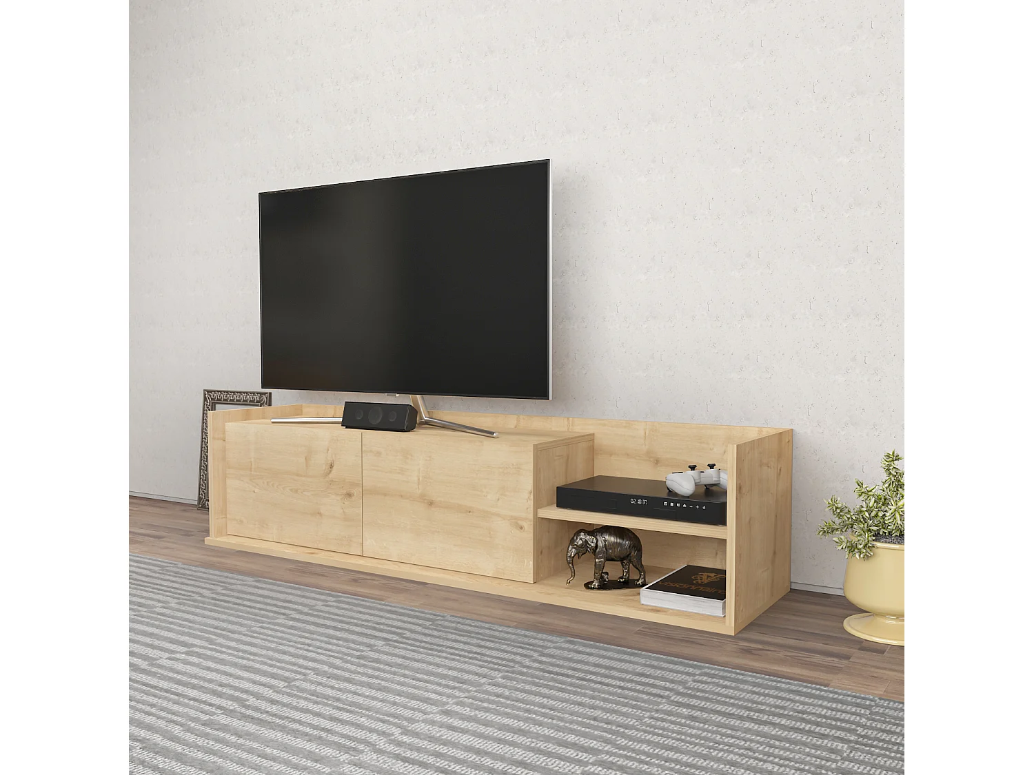 Krog 160 cm Meuble TV | Étagères ouvertes et Armoires battantes (Chêne)