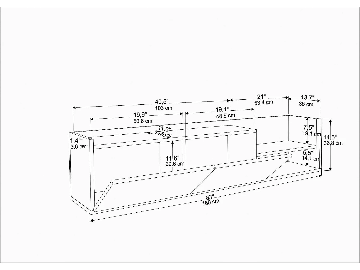 Krog 160 cm Meuble TV | Étagères ouvertes et Armoires battantes (Chêne)
