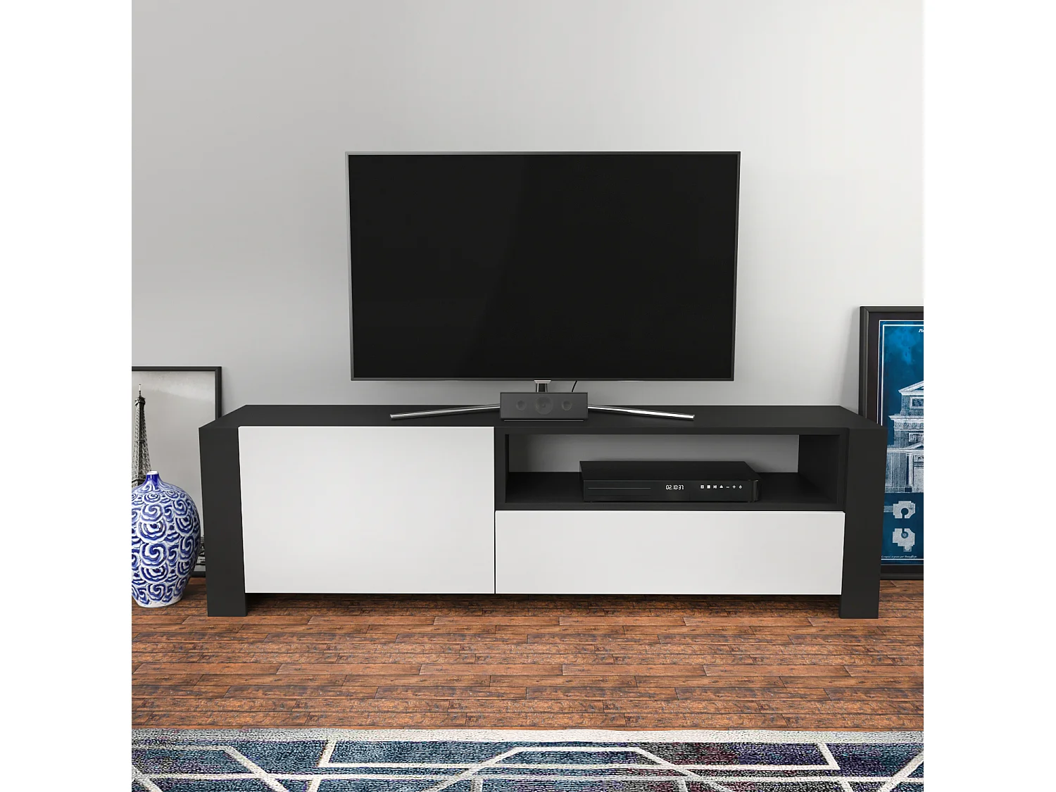Piedmont 160 cm Meuble TV Armoires Battantes et Niche (Anthracite et Blanc)