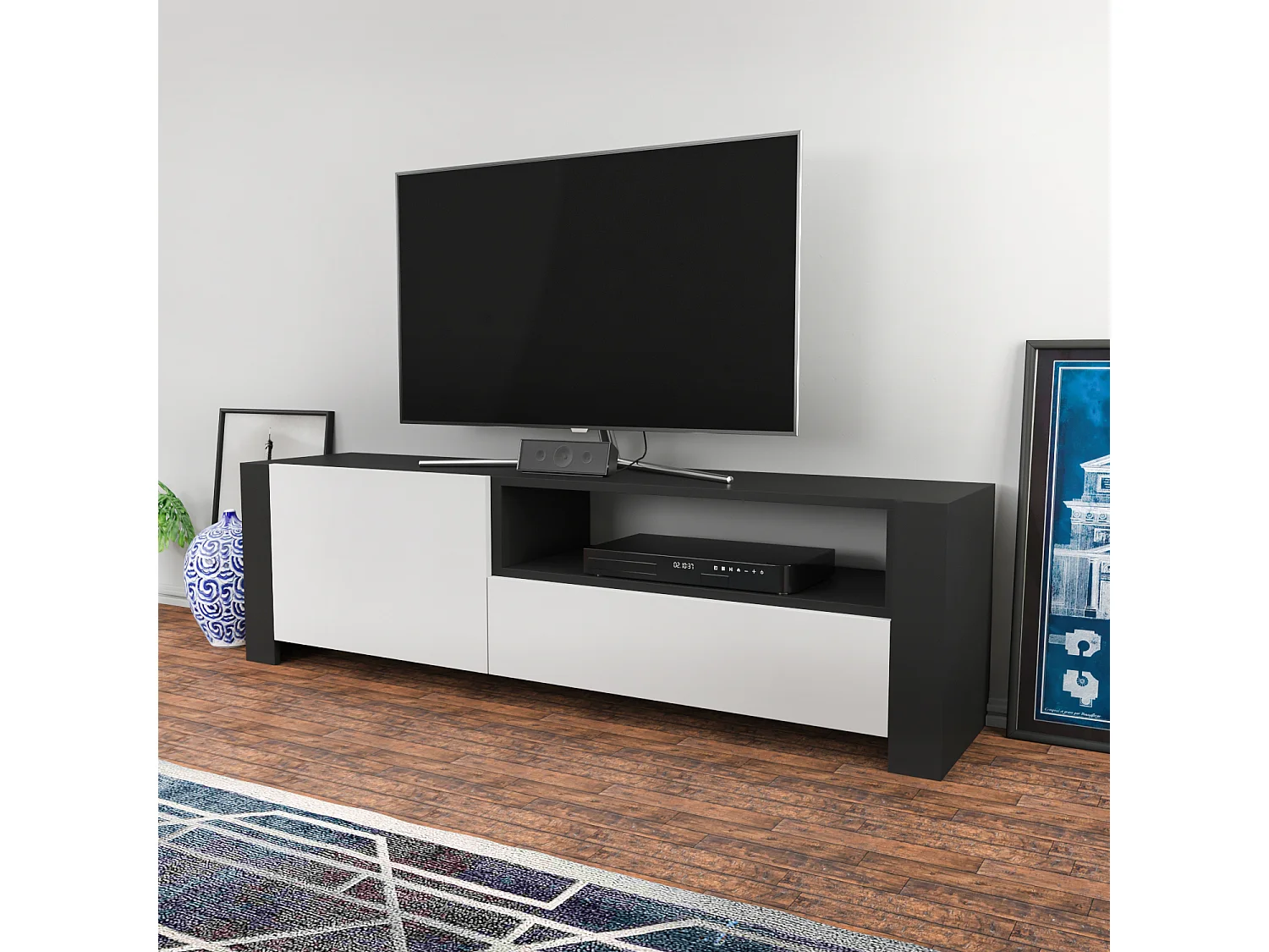 Piedmont 160 cm Meuble TV Armoires Battantes et Niche (Anthracite et Blanc)