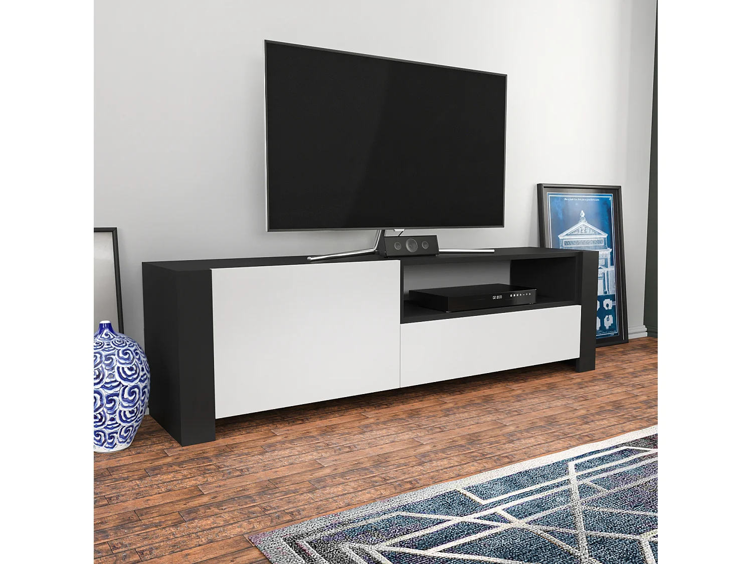 Piedmont 160 cm Meuble TV Armoires Battantes et Niche (Anthracite et Blanc)