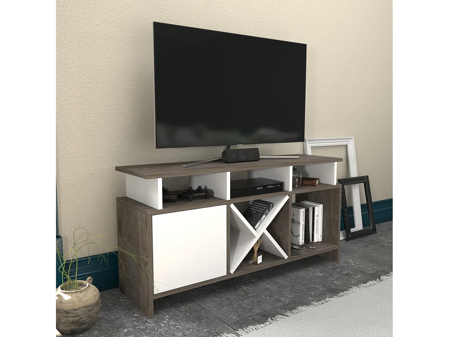 Auburn TV Meuble TV 120 cm Pour les TVs 55" | Niches et Armoire (Blanc et Wenge)