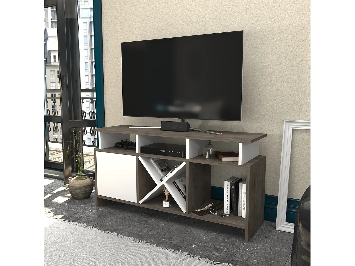 Auburn TV Meuble TV 120 cm Pour les TVs 55" | Niches et Armoire (Blanc et Wenge)