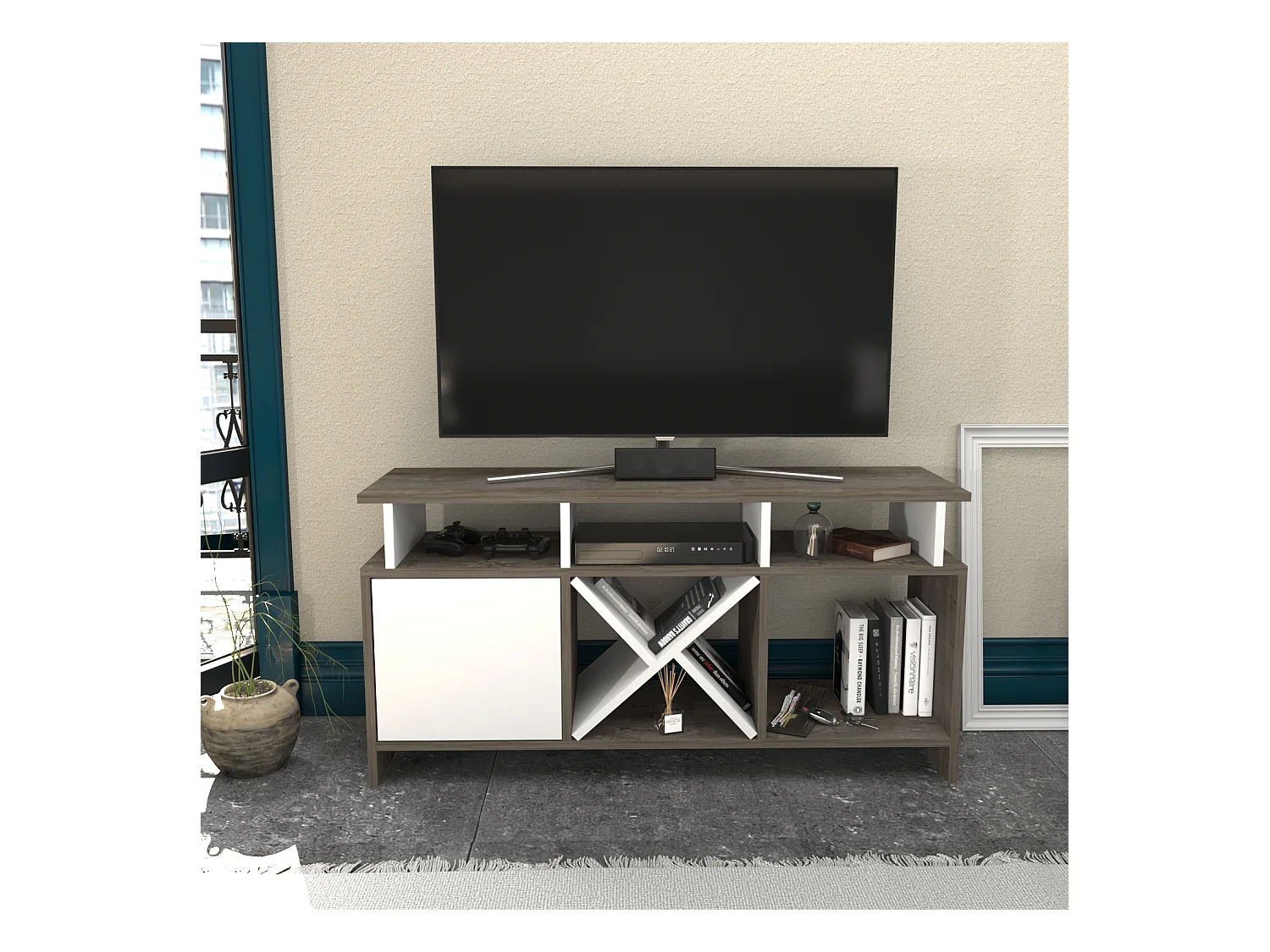 Auburn TV Meuble TV 120 cm Pour les TVs 55" | Niches et Armoire (Blanc et Wenge)