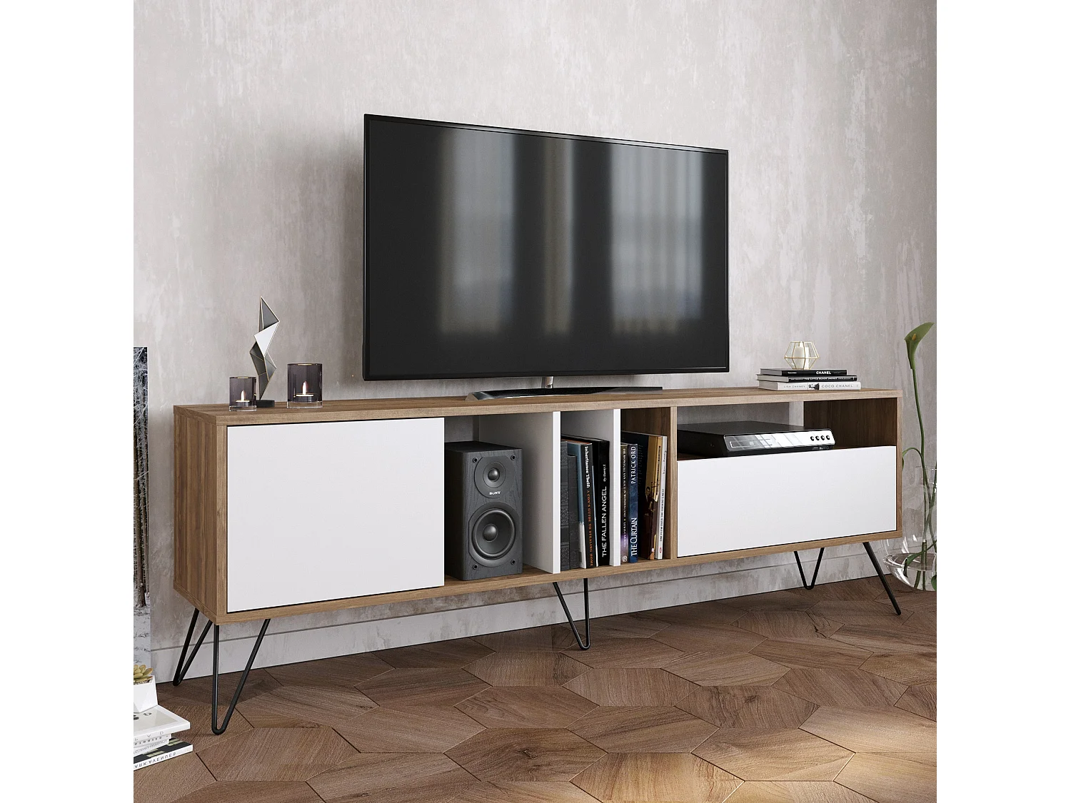 Mistiko Meuble TV 180 cm Niches et Armoires avec Pieds en Métal  (Noyer et Blanc)