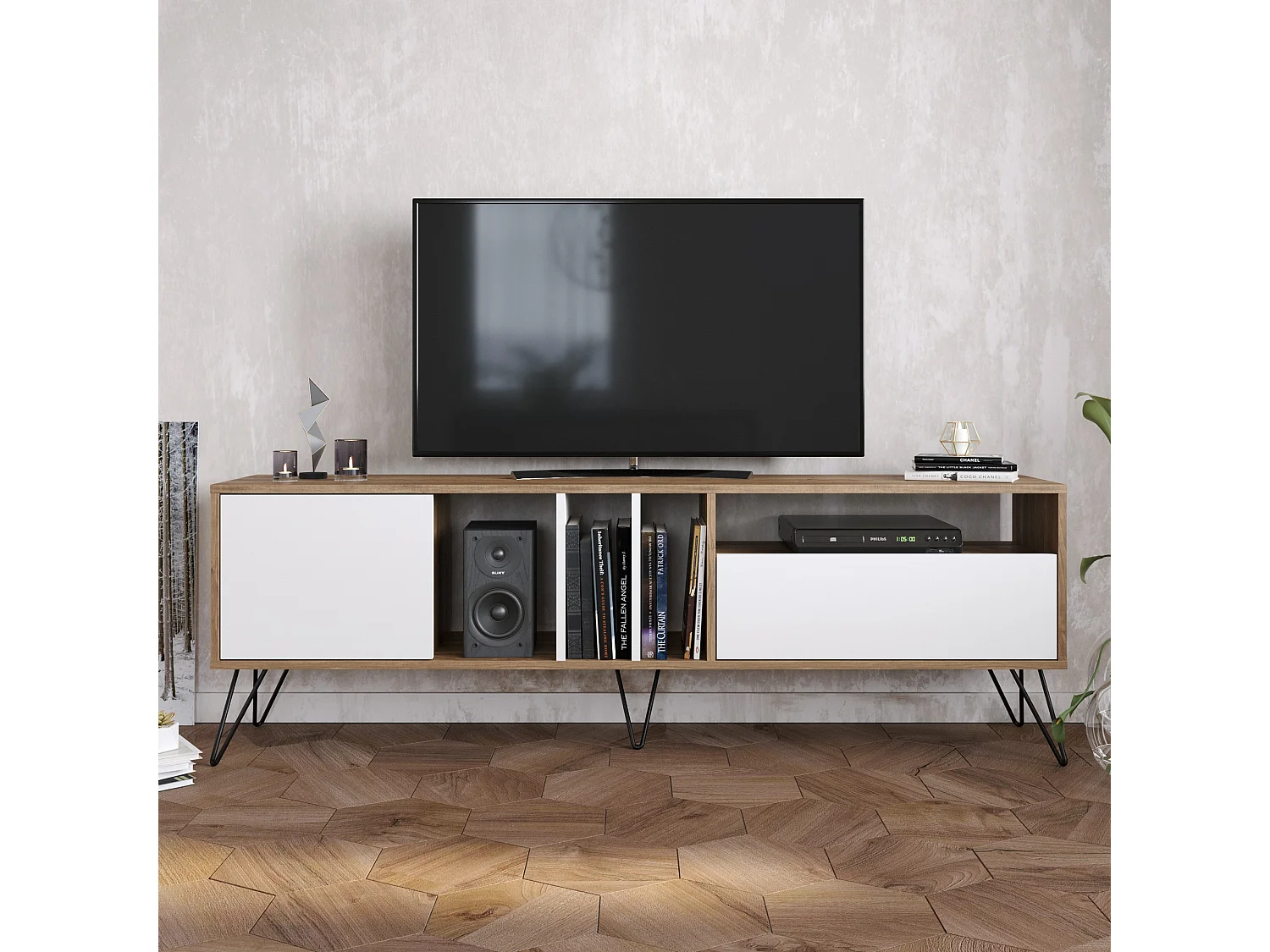 Mistiko Meuble TV 180 cm Niches et Armoires avec Pieds en Métal  (Noyer et Blanc)