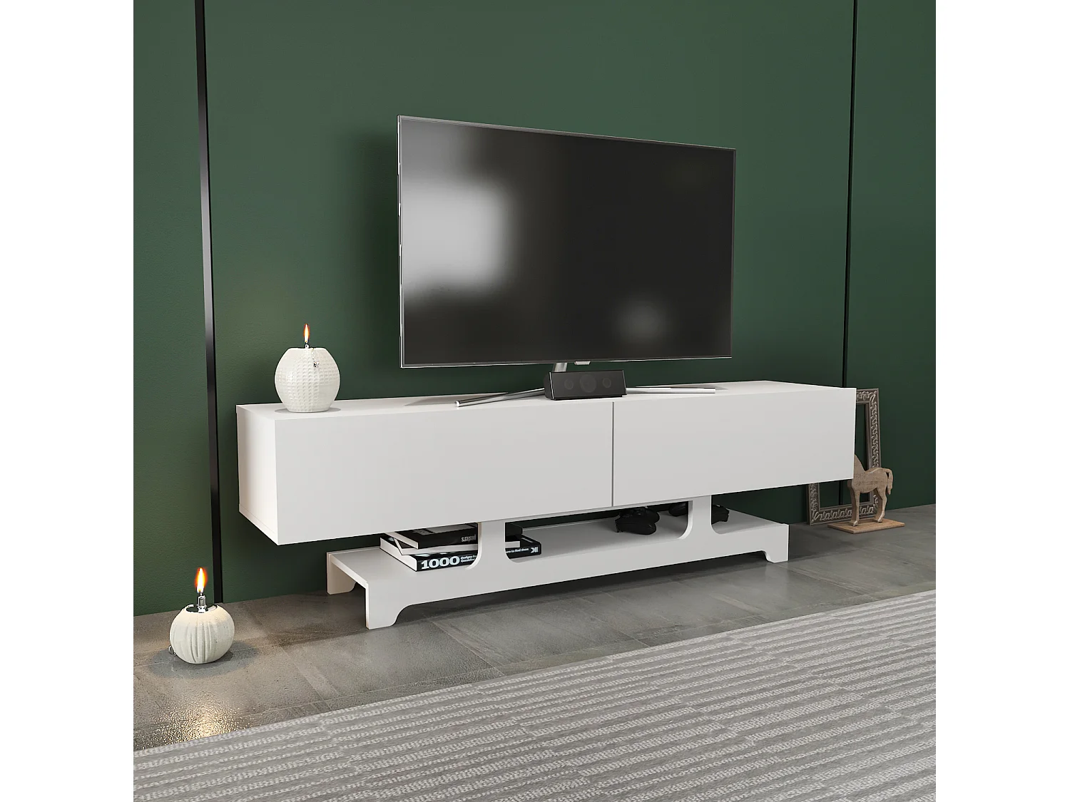Mistiko Meuble TV 180 cm Niches et Armoires avec Pieds en Métal  (Noyer et Blanc)