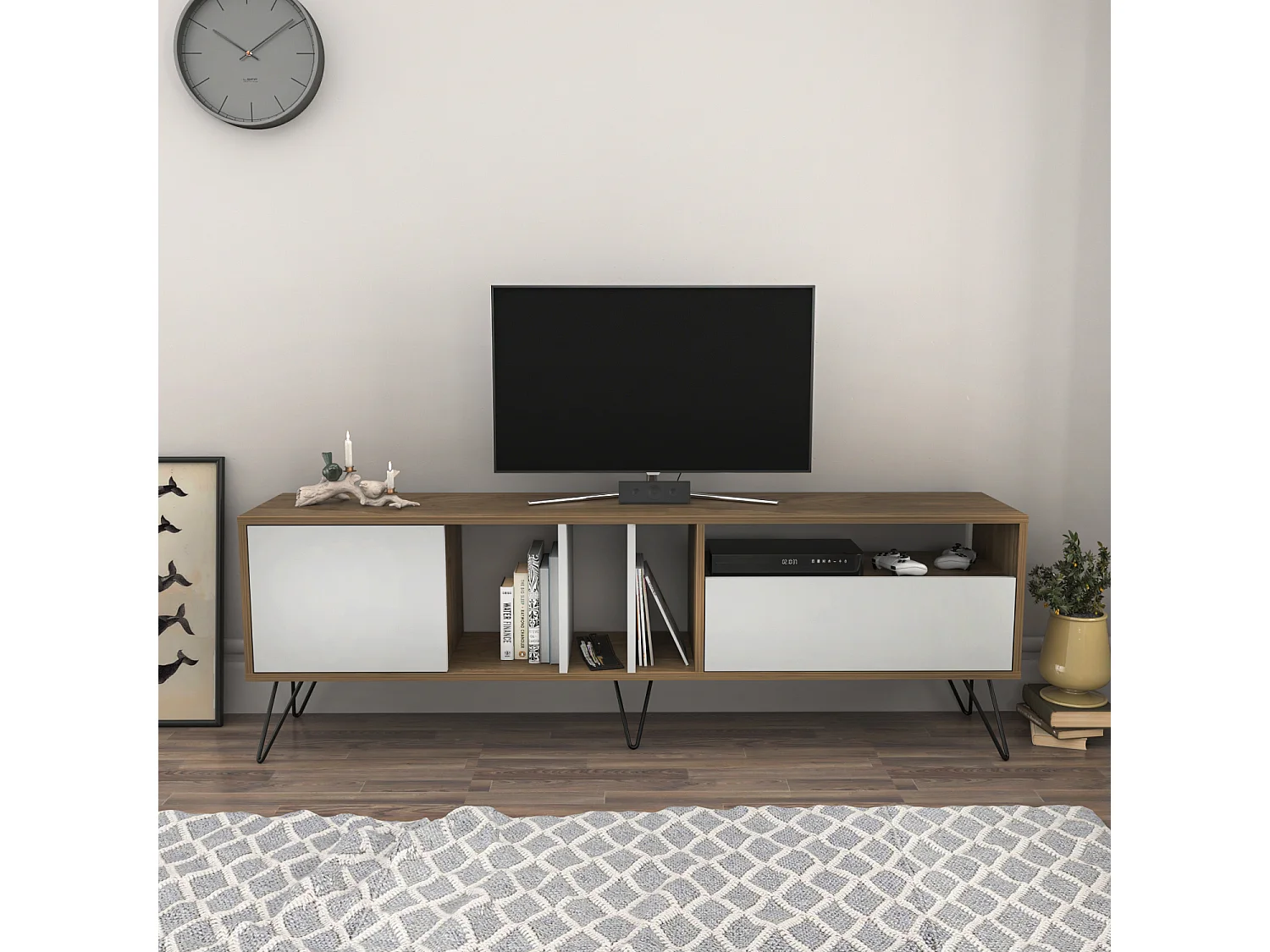Mistiko Meuble TV 180 cm Niches et Armoires avec Pieds en Métal  (Noyer et Blanc)