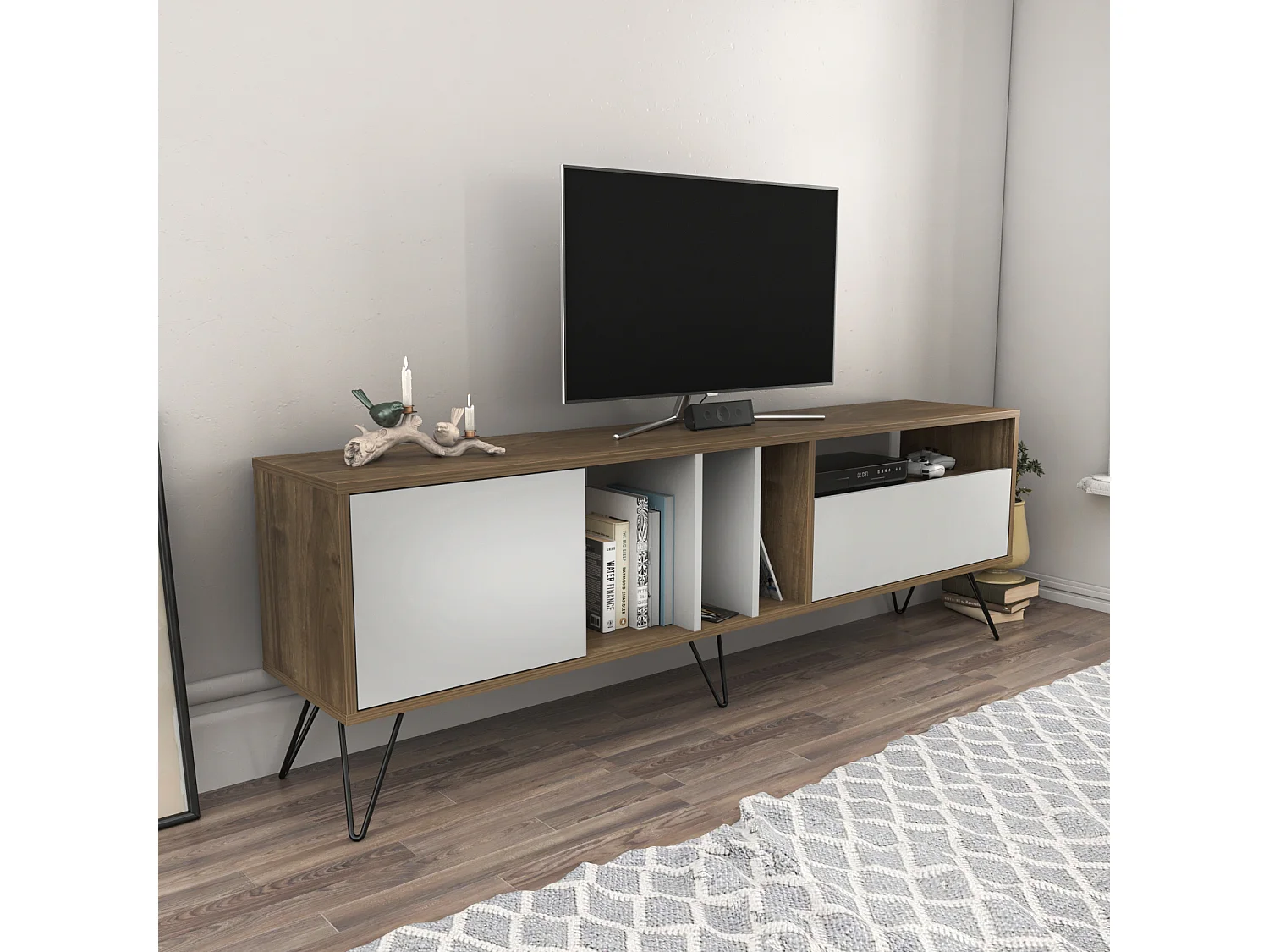 Mistiko Meuble TV 180 cm Niches et Armoires avec Pieds en Métal  (Noyer et Blanc)