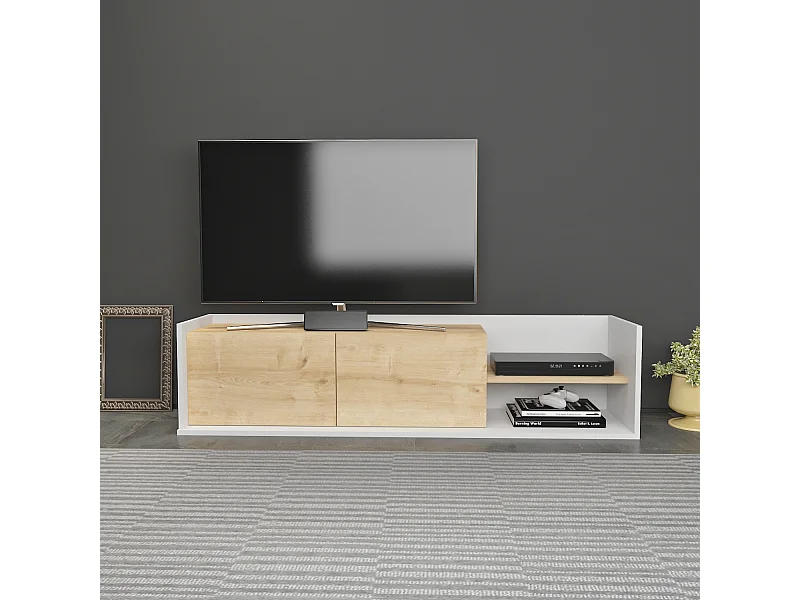 Krog 160 cm Meuble TV | Étagères ouvertes et Armoires battantes (Blanc et Chêne)